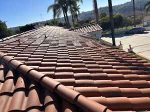 View of a red clay tile roof on a house, with palm trees and a large driveway visible in the background under a clear blue sky.