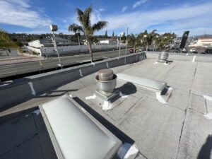 Flat commercial rooftop with two skylights, a ventilation unit, and palm trees lining the adjacent street in a sunny urban area.